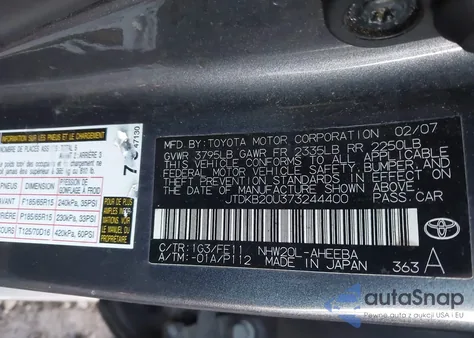 2007 Toyota Prius from USA, damaged, VIN JTDKB20U373244400